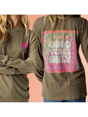 Natural Life | Long Sleeve Oversized Graphic Tee Good Vibes Only XL Hippie Boho